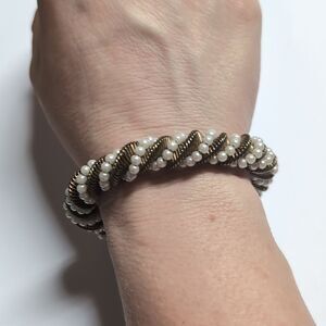 219 Vintage Gold and Pearl‎ Beaded Bangle Bracelet